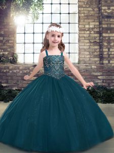 Low Price Floor Length Lace Up Kids Pageant Dress Teal for Party and Sweet 16 and Wedding Party with Beading