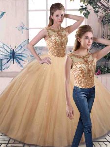 Fabulous Sleeveless Floor Length Beading Lace Up Quinceanera Gown with Gold