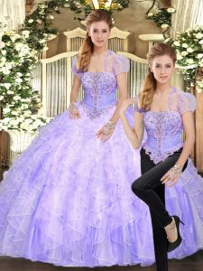 Strapless Sleeveless Vestidos de Quinceanera Floor Length Beading and Appliques and Ruffles Lavender Tulle