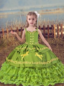 Gorgeous Olive Green Straps Lace Up Beading and Embroidery and Ruffled Layers Child Pageant Dress Sleeveless