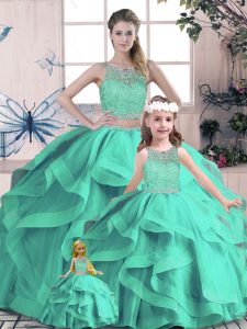 Turquoise Scoop Neckline Beading and Lace and Ruffles 15 Quinceanera Dress Sleeveless Lace Up