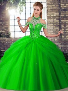 Fantastic Green 15th Birthday Dress Tulle Brush Train Sleeveless Beading and Pick Ups