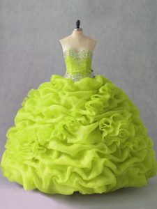 Edgy Yellow Green Ball Gowns Sweetheart Sleeveless Organza Floor Length Lace Up Beading and Pick Ups and Hand Made Flower Quince Ball Gowns