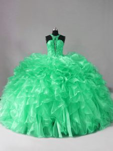 Romantic Green Halter Top Lace Up Beading and Ruffles Quinceanera Gown Brush Train Sleeveless
