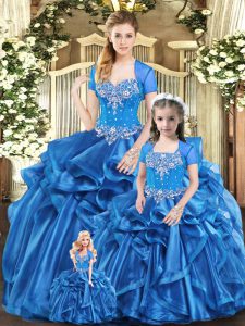 Blue Ball Gowns Organza Sweetheart Sleeveless Beading and Ruffles Floor Length Lace Up 15th Birthday Dress