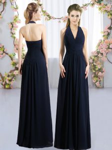 Sophisticated Halter Top Sleeveless Lace Up Quinceanera Dama Dress Navy Blue Chiffon