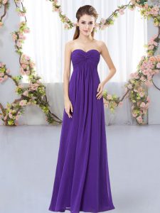 Romantic Purple Empire Chiffon Sweetheart Sleeveless Ruching Floor Length Zipper Dama Dress for Quinceanera