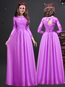 Glorious Long Sleeves Chiffon Floor Length Lace Up Quinceanera Court Dresses in Lilac with Appliques