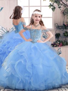 Classical Blue Lace Up Little Girl Pageant Dress Beading Sleeveless Floor Length