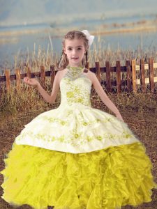 Cheap Ball Gowns Little Girls Pageant Dress Gold Halter Top Organza Sleeveless Floor Length Lace Up