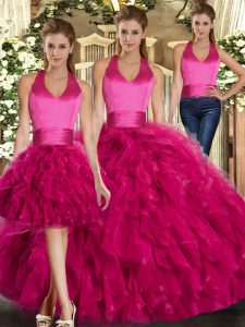 Fuchsia Sleeveless Tulle Lace Up Sweet 16 Dress for Sweet 16 and Quinceanera