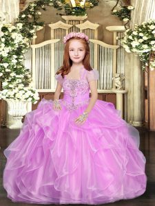 Custom Fit Lilac Lace Up Straps Beading and Ruffles Little Girls Pageant Dress Wholesale Organza Sleeveless