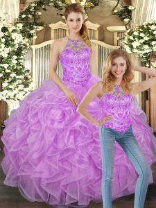 Discount Lilac Quinceanera Dress Military Ball and Sweet 16 and Quinceanera with Beading and Ruffles Halter Top Sleeveless Lace Up