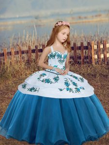 Floor Length Ball Gowns Sleeveless Blue Pageant Gowns For Girls Lace Up