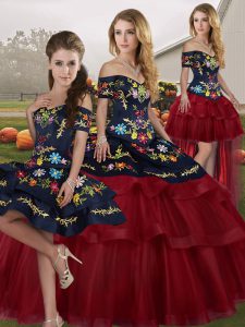 Lace Up Sweet 16 Quinceanera Dress Wine Red for Military Ball and Sweet 16 and Quinceanera with Embroidery and Ruffled Layers Brush Train