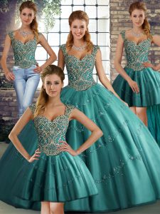 Floor Length Teal Quince Ball Gowns Straps Sleeveless Lace Up