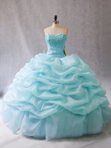 Delicate Sleeveless Organza Floor Length Lace Up Sweet 16 Dresses in Aqua Blue with Beading and Pick Ups