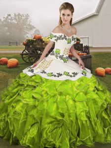 Olive Green Ball Gowns Organza Off The Shoulder Sleeveless Embroidery and Ruffles Floor Length Lace Up Ball Gown Prom Dress