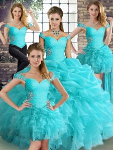 Aqua Blue Sleeveless Organza Lace Up Quinceanera Dress for Military Ball and Sweet 16 and Quinceanera
