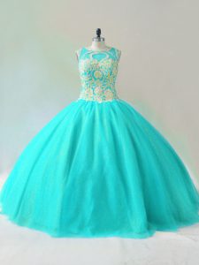 Lovely Aqua Blue Ball Gowns Beading Womens Party Dresses Lace Up Tulle Sleeveless Floor Length