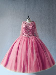 Fabulous Floor Length Pink Quince Ball Gowns Scoop Long Sleeves Lace Up
