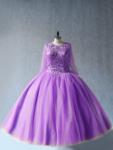Luxurious Lavender Ball Gowns Scoop Long Sleeves Tulle Floor Length Lace Up Beading Quince Ball Gowns