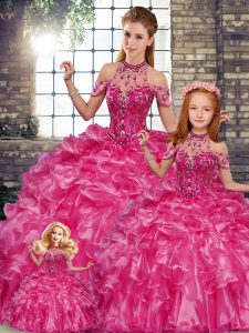 Suitable Fuchsia Ball Gowns Halter Top Sleeveless Organza Floor Length Lace Up Beading and Ruffles Sweet 16 Dresses