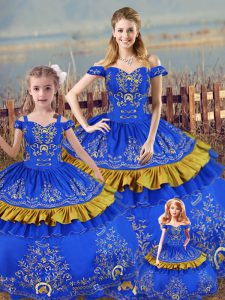 Decent Blue Off The Shoulder Neckline Embroidery Quinceanera Gown Sleeveless Lace Up