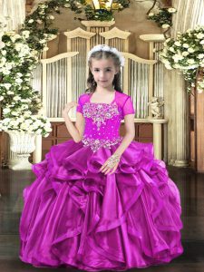 Hot Selling Fuchsia Sleeveless Floor Length Beading and Ruffles Lace Up Pageant Gowns For Girls