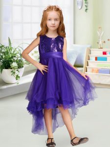 A-line Toddler Flower Girl Dress Purple Scoop Organza Sleeveless High Low Zipper