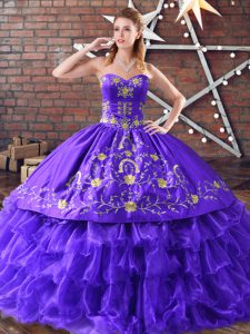 Fabulous Purple Ball Gowns Satin and Organza Sweetheart Sleeveless Embroidery and Ruffled Layers Floor Length Lace Up 15 Quinceanera Dress