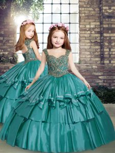Wonderful Teal Sleeveless Floor Length Beading Lace Up Little Girl Pageant Gowns