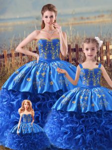 Super Sleeveless Embroidery and Ruffles Zipper Ball Gown Prom Dress with Royal Blue Brush Train