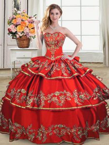 Glamorous Red Sleeveless Floor Length Embroidery and Ruffled Layers Lace Up Sweet 16 Quinceanera Dress
