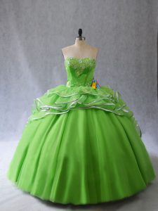 Luxurious Ball Gowns Tulle Sweetheart Sleeveless Appliques and Ruffles Lace Up Party Dress Wholesale Brush Train