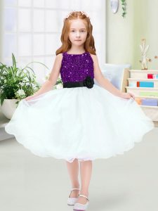 Organza Sleeveless Knee Length Flower Girl Dress and Sequins and Hand Made Flower