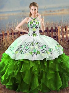 Floor Length Green Quinceanera Gowns Sleeveless Embroidery and Ruffles