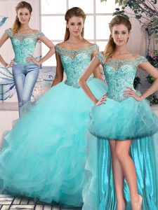 Aqua Blue Tulle Lace Up 15 Quinceanera Dress Sleeveless Beading and Ruffles