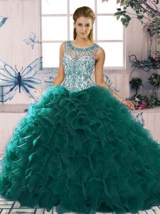 Dazzling Sleeveless Organza Floor Length Lace Up Quinceanera Dresses in Peacock Green with Beading and Ruffles