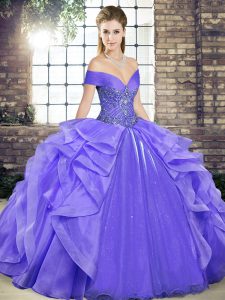 Suitable Lavender Sleeveless Floor Length Beading and Ruffles Lace Up Sweet 16 Quinceanera Dress