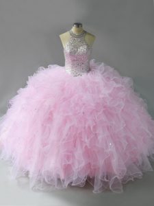 Chic Floor Length Pink Quinceanera Dresses Tulle Sleeveless Beading and Ruffles