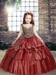 Top Selling Red Sleeveless Beading Floor Length Pageant Gowns For Girls