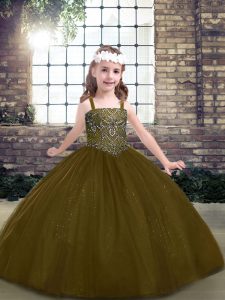 Sleeveless Tulle Floor Length Lace Up Little Girl Pageant Dress in Brown with Beading