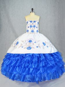 Blue And White Ball Gowns Organza Sweetheart Sleeveless Embroidery and Ruffled Layers Asymmetrical Lace Up Quinceanera Gown