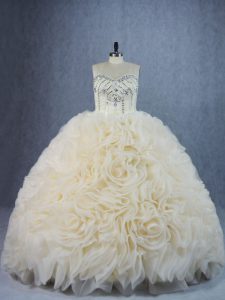 Stylish Champagne Fabric With Rolling Flowers Lace Up Sweetheart Sleeveless Sweet 16 Dresses Brush Train Beading and Ruffles