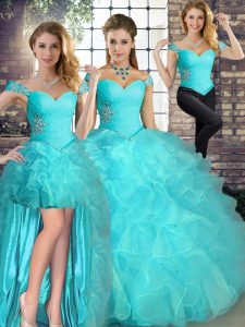 Modest Aqua Blue Sleeveless Beading and Ruffles Floor Length 15 Quinceanera Dress