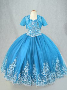 Trendy Spaghetti Straps Sleeveless Lace Up Girls Pageant Dresses Baby Blue Tulle