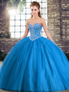 Baby Blue Ball Gowns Sweetheart Sleeveless Tulle Brush Train Lace Up Beading Ball Gown Prom Dress