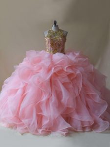 Fine Scoop Sleeveless Brush Train Backless Quinceanera Gown Baby Pink Organza