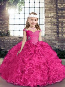 Eye-catching Fuchsia Sleeveless Fabric With Rolling Flowers Lace Up Little Girl Pageant Gowns for Party and Wedding Party